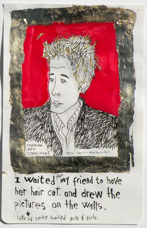 I waited for my friend to have her hair cut. and drew the pictures on the walls. lots of spiky haired guys & girls
