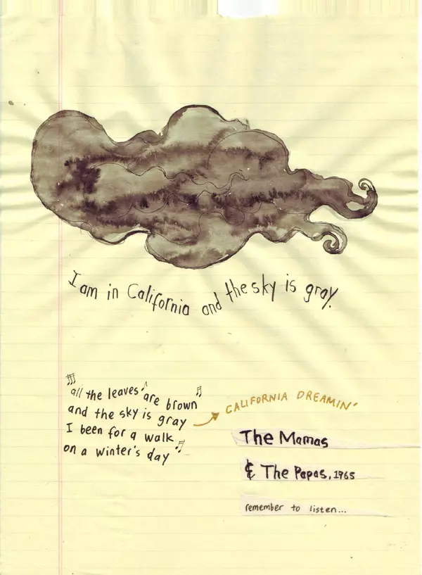 I am in California and the sky is gray. "all the leaves are brown and the sky is gray I been for a walk on a winter's day" -California Dreamin' The Mamas & The Papas, 1965 remember to listen