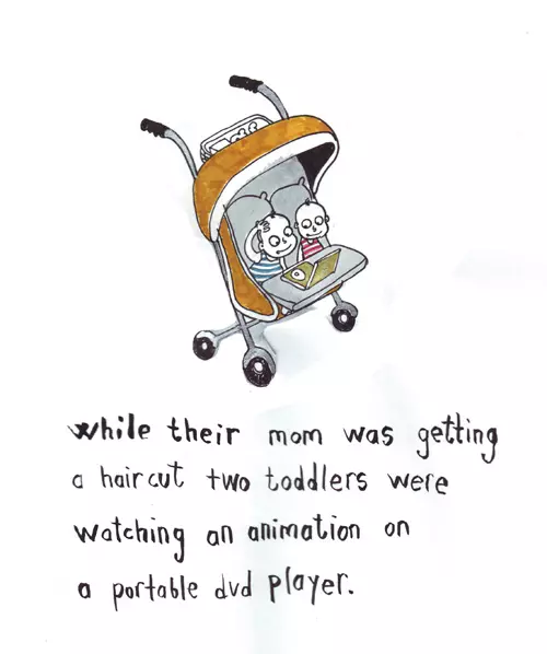 while their mom was getting a haircut two toddlers were watching an animation on a portable DVD player.