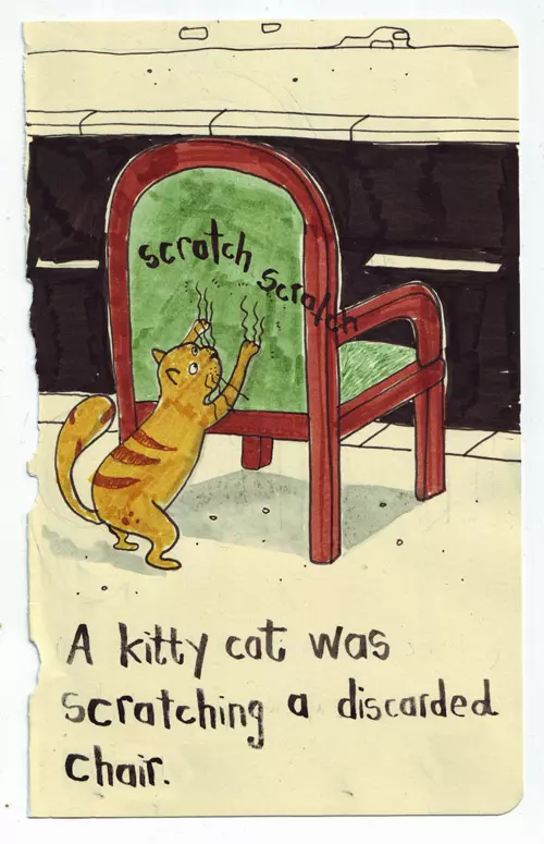 A kitty cat was scratching a discarded chair