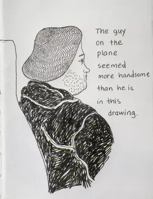 The guy on the plane seemed more handsome than he is in this drawing.
