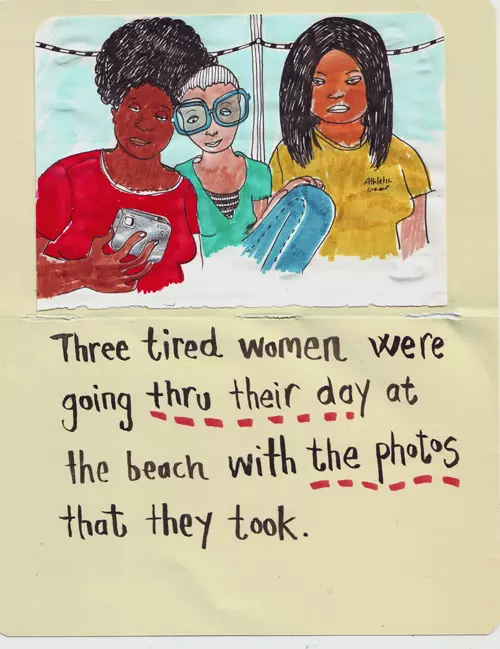 Three tired women were going thru their day at the beach with the photos that they took.