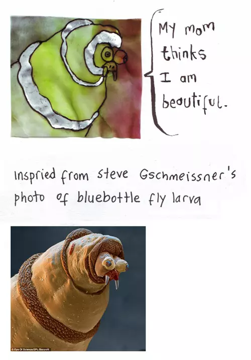 "My mom thinks I am beautiful." Inspired from Steve Gschmeissner's photo of bluebottle fly larva