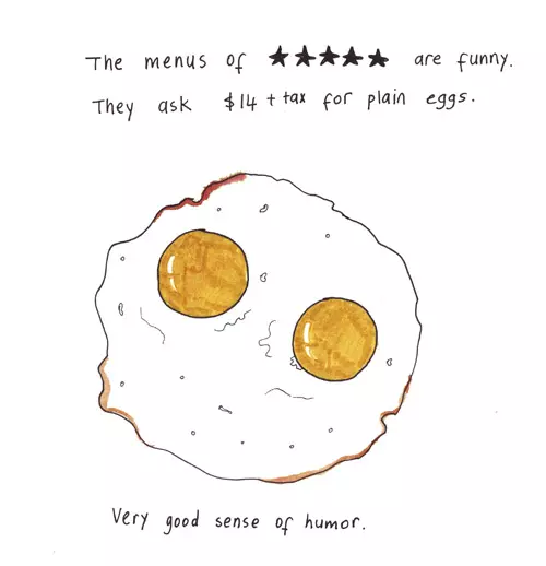 The menus of ***** hotels are funny. They ask $14 + tac for plain eggs. Very good sense of humor.