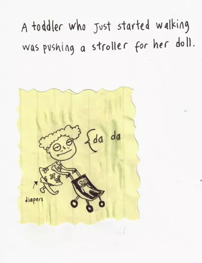A toddler who Just started walking was pushing a stroller for her doll. "da da"