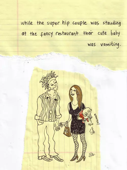 while the super hip couple was standing at the fancy restaurant their cute baby was vomiting.