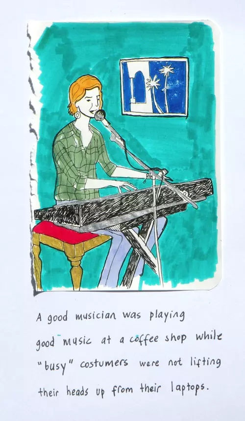 A good musician was playing good music at a coffee shop while "busy" customers were not lifting their heads up from their laptops.