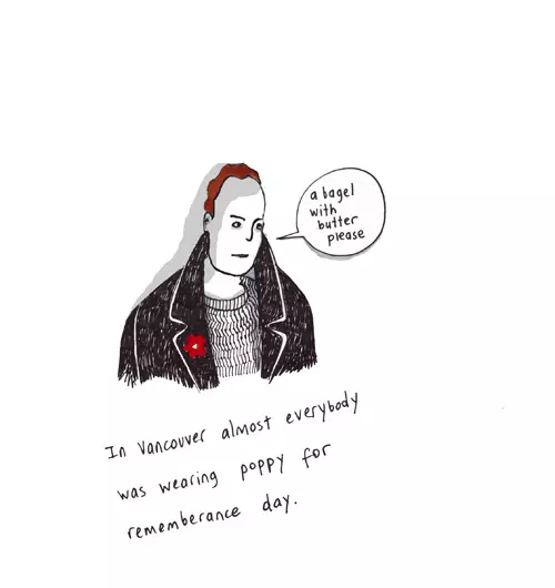 In Vancouver almost everybody was wearing poppy for remembrance day. "a bagel with butter please"