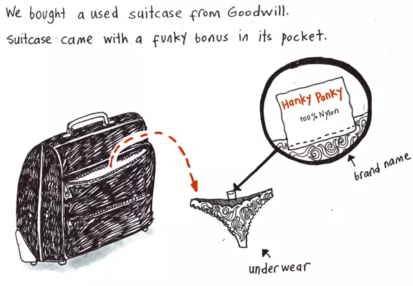 We bought a used suitcase from Goodwill. Suitcase came with a funky bonus in its pocket. 