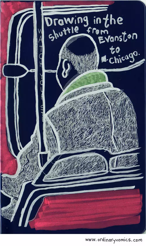 Drawing in the shuttle from Evanston, Chicago to Chicago.
