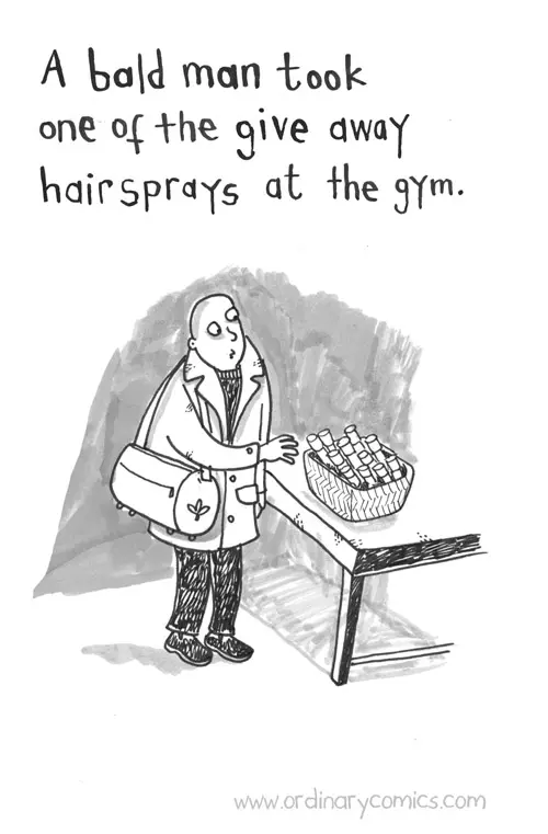 A bald man took one of the sample hairsprays at the gym.