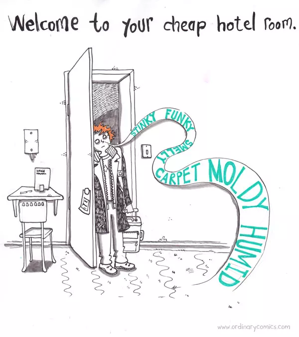 Welcome to your cheap hotel room. Stinky Funky Smelly Carpet Moldy Humid