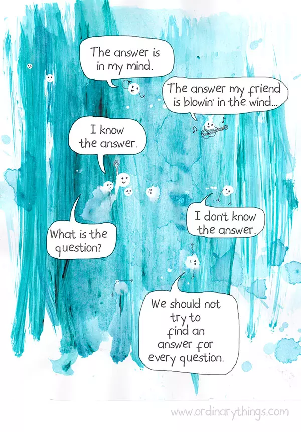 The answer is in my mind. I know the answer. What is the question. I don't know the answer. We should not find and answer for every questing. The answer my friend is blowing in the wind...